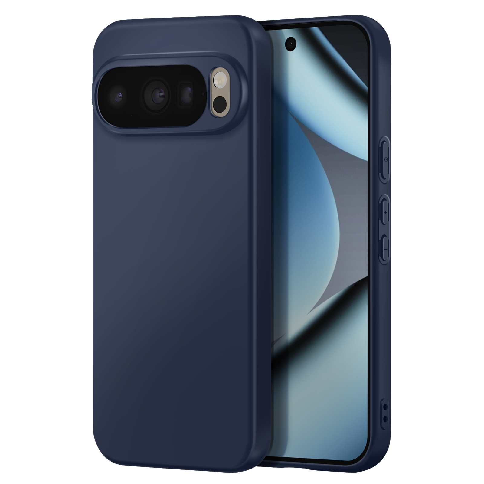 Una custodia blu navy con lenti della fotocamera e uno schermo del telefono con sfondo blu e bianco.