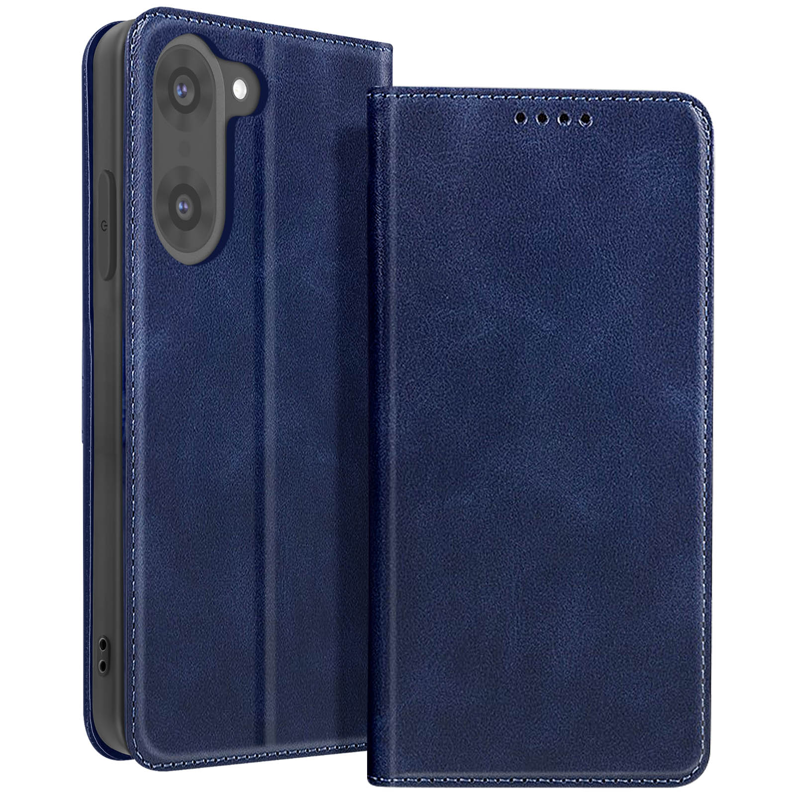 Una custodia per telefono in pelle blu è aperta. La custodia ha un ritaglio per la fotocamera e una chiusura magnetica.
