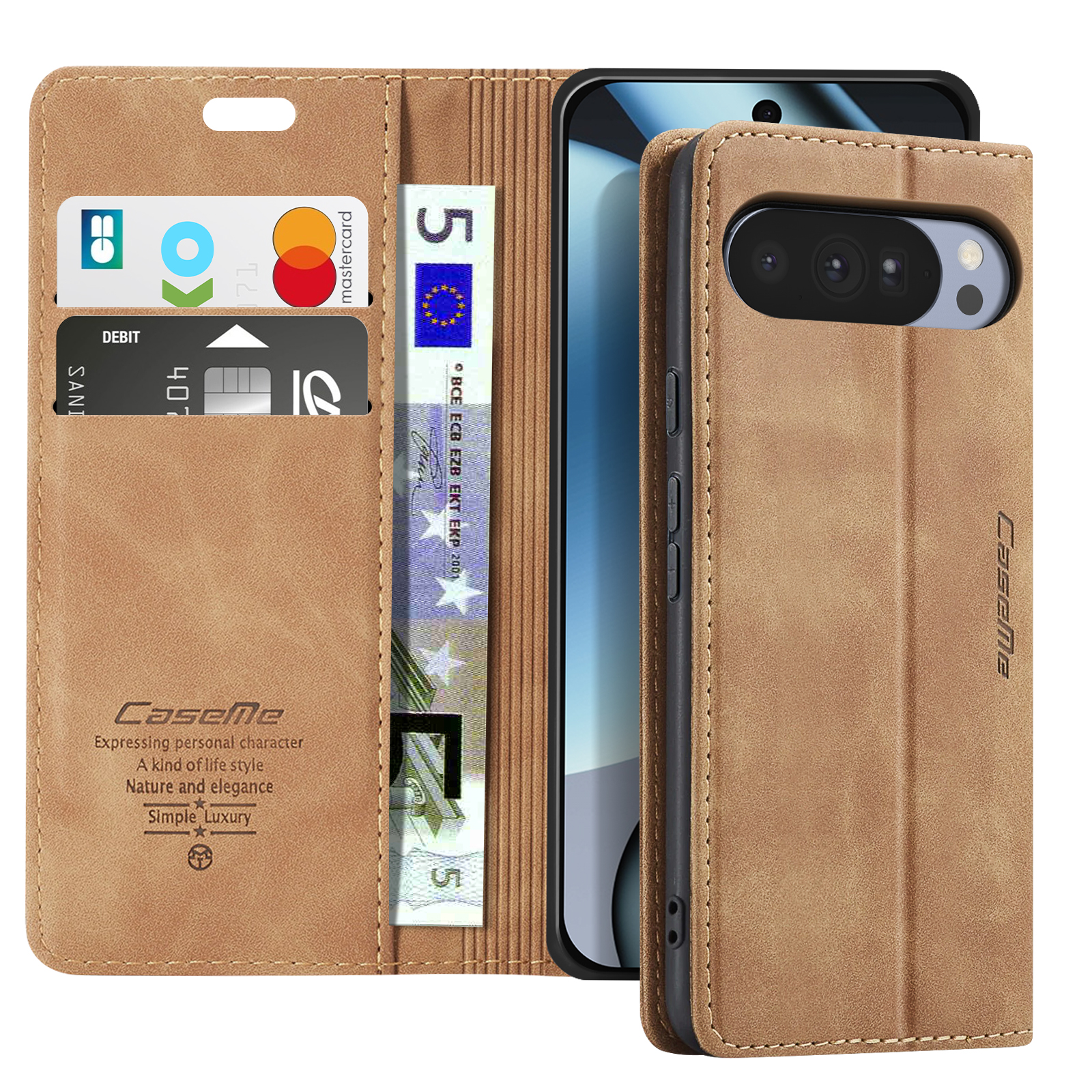 Custodia per telefono marrone aperta, con carte di credito e smartphone. Visibile banconota da 5 euro. Logo CaseMe a sinistra.