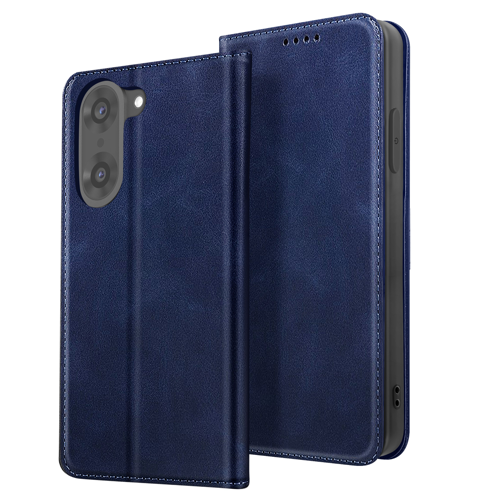 Una custodia per telefono in pelle blu scuro, aperta, che mostra la fotocamera e i pulsanti laterali del telefono. Cuciture bianche.