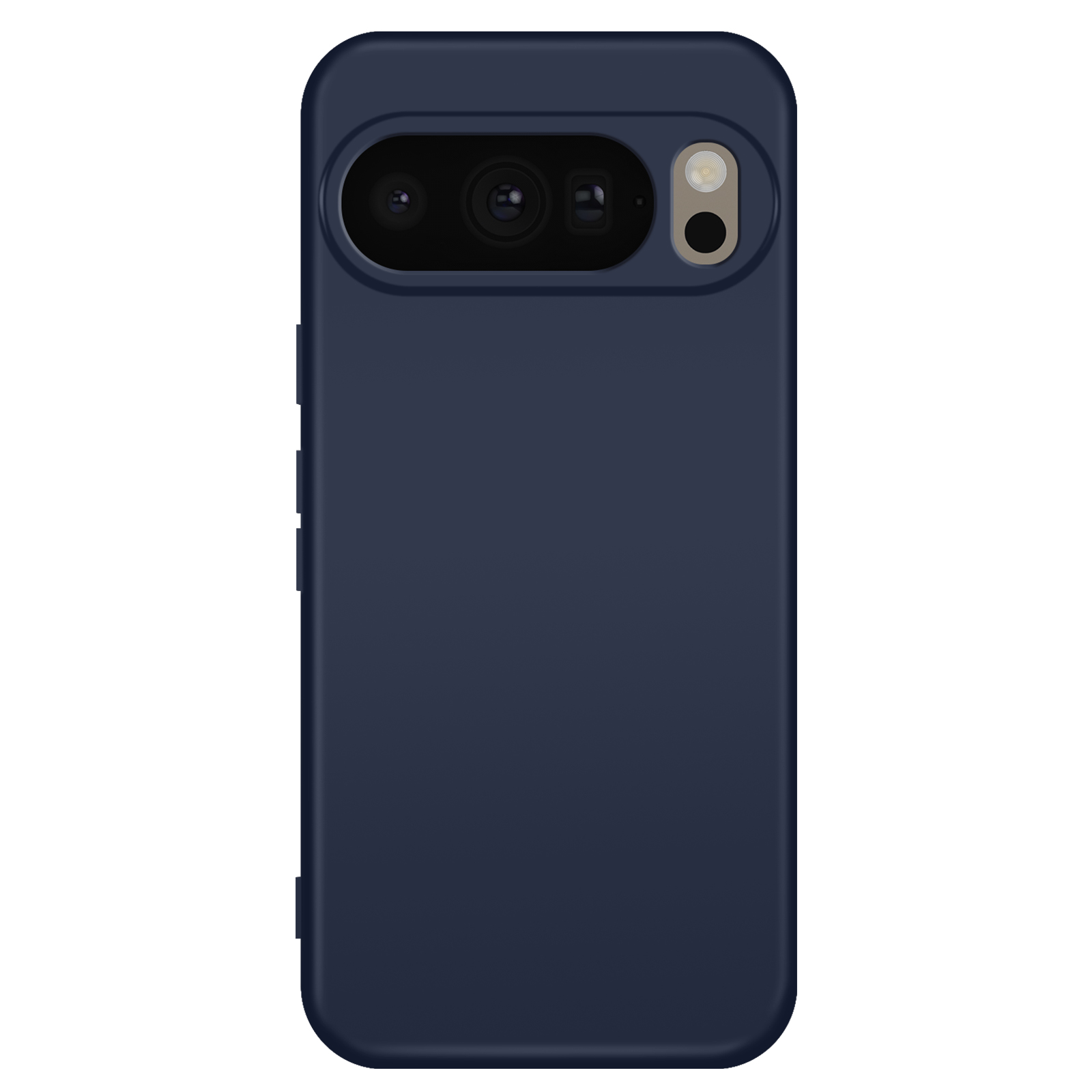 Una custodia per telefono blu scuro con ritagli per la fotocamera. La custodia è rettangolare con angoli arrotondati e un pulsante laterale.