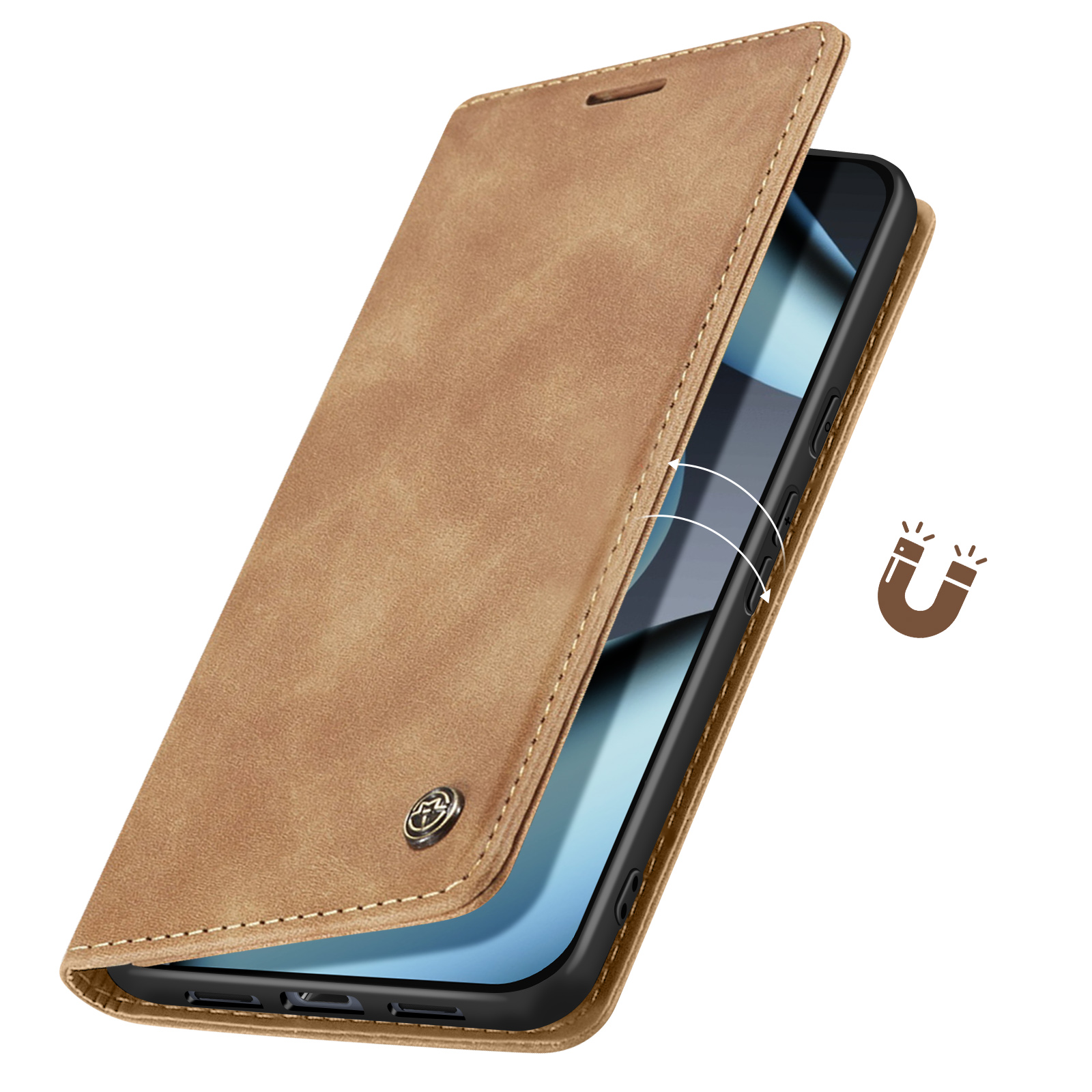 Una custodia per telefono in pelle marrone è aperta. Il telefono è nero. Un'icona magnetica è a destra.