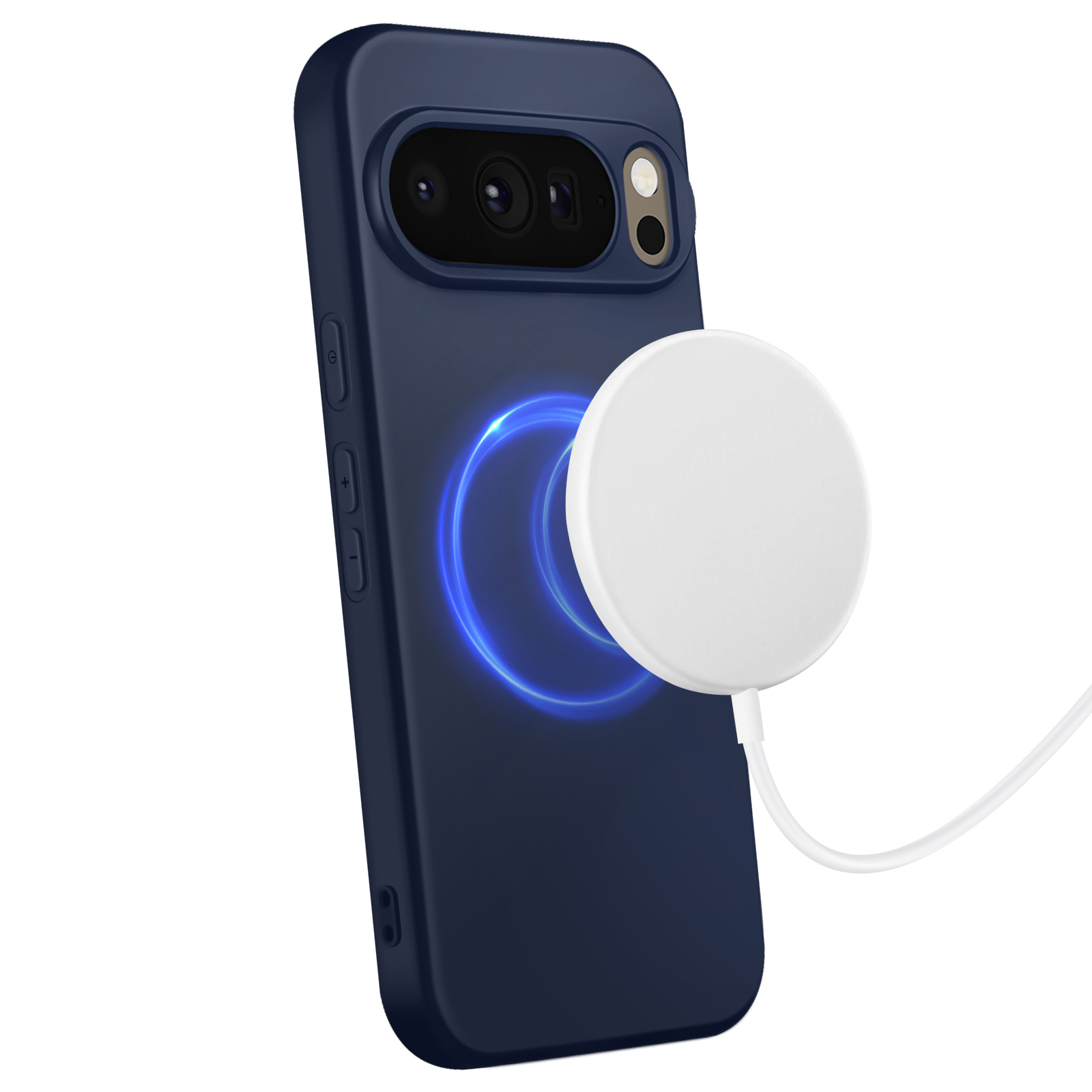Una custodia blu navy con un pad di ricarica bianco. La custodia ha un cerchio blu brillante.