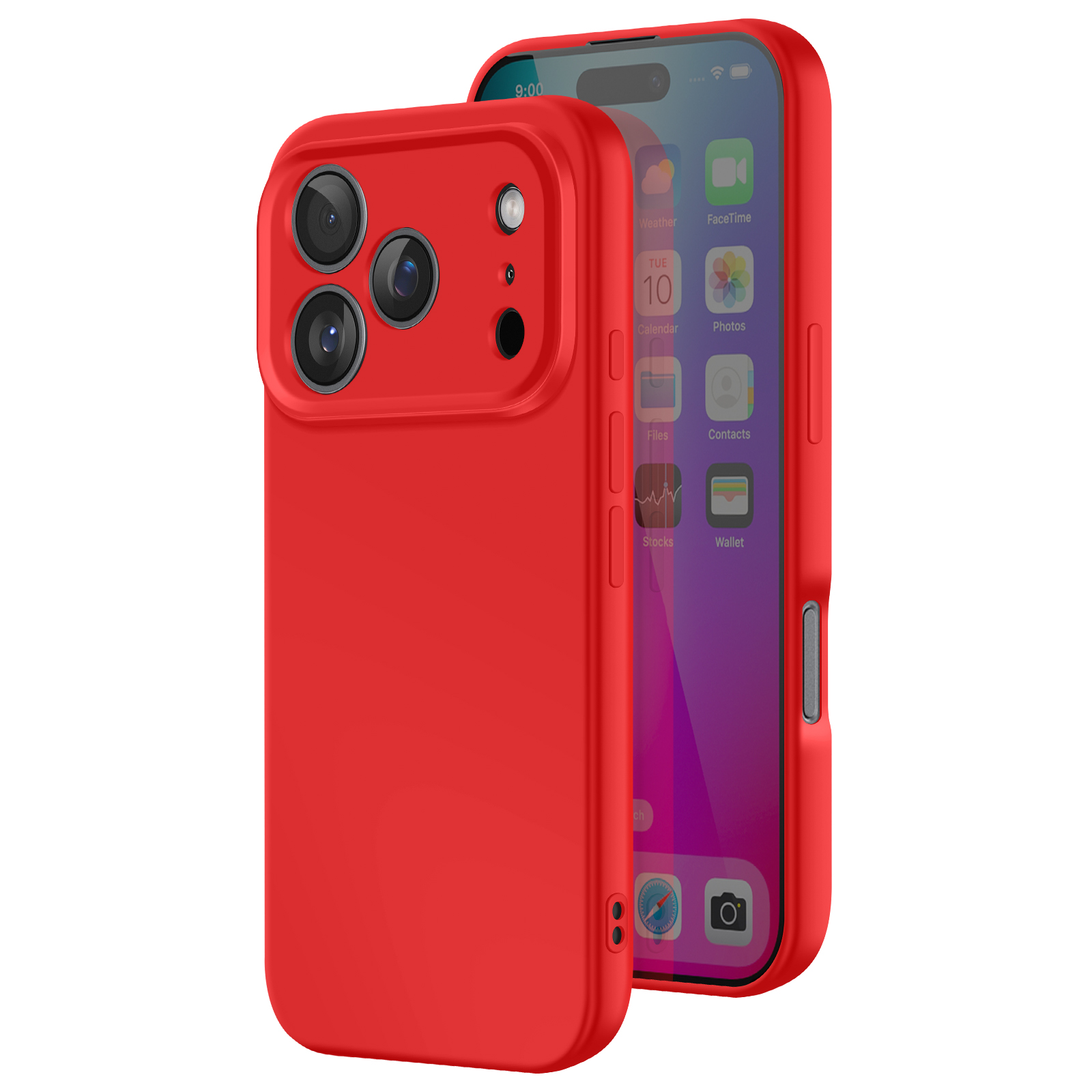 Una custodia rossa per telefono con un telefono all'interno. La custodia ha ritagli per la fotocamera e coperture per i pulsanti. Il telefono mostra le icone delle app.