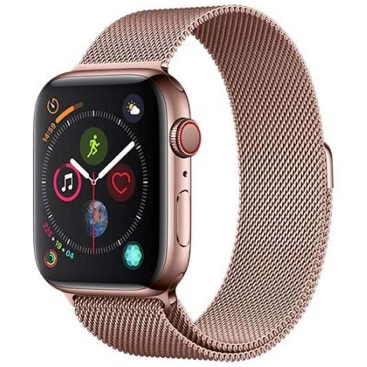 Apple Watch oro rosa con cinturino a maglia. Il quadrante mostra ora, attività, frequenza cardiaca, musica e icone meteo.