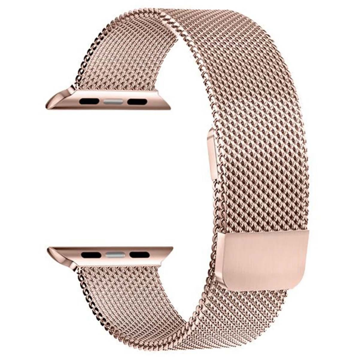 Cinturino Apple Watch oro rosa. Design a rete con chiusura magnetica. Due connettori alle estremità.
