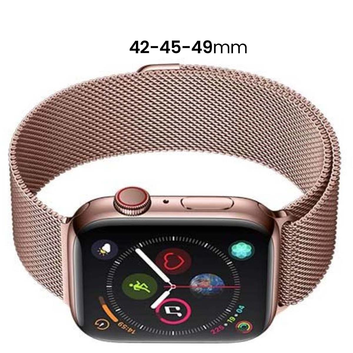Apple Watch oro rosa con cinturino a maglia. Lo schermo mostra icone. Il testo "42-45-49mm" è in alto.