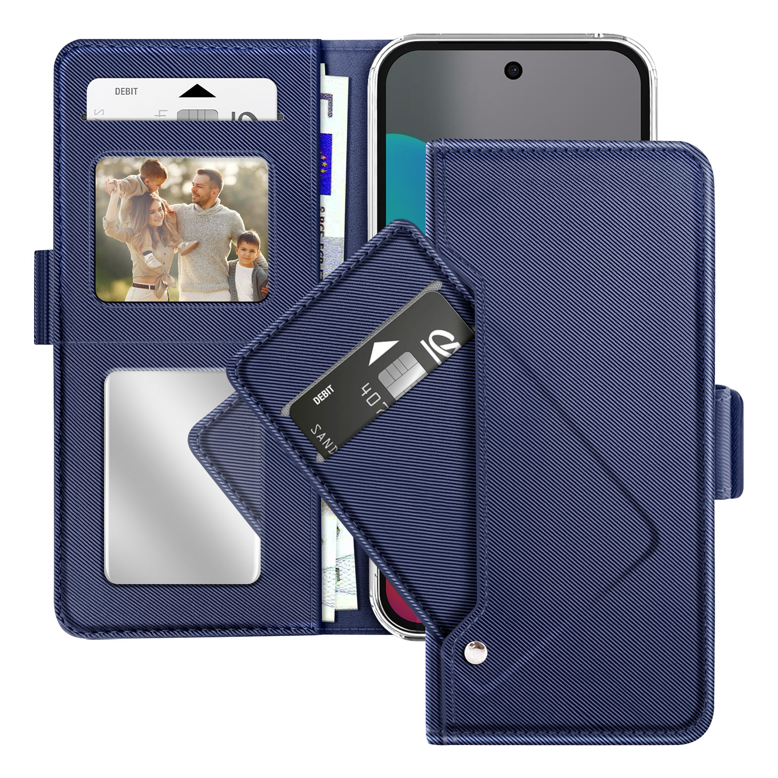 Custodia blu per telefono con telefono all'interno, fessure per carta, denaro, foto di famiglia e specchio.