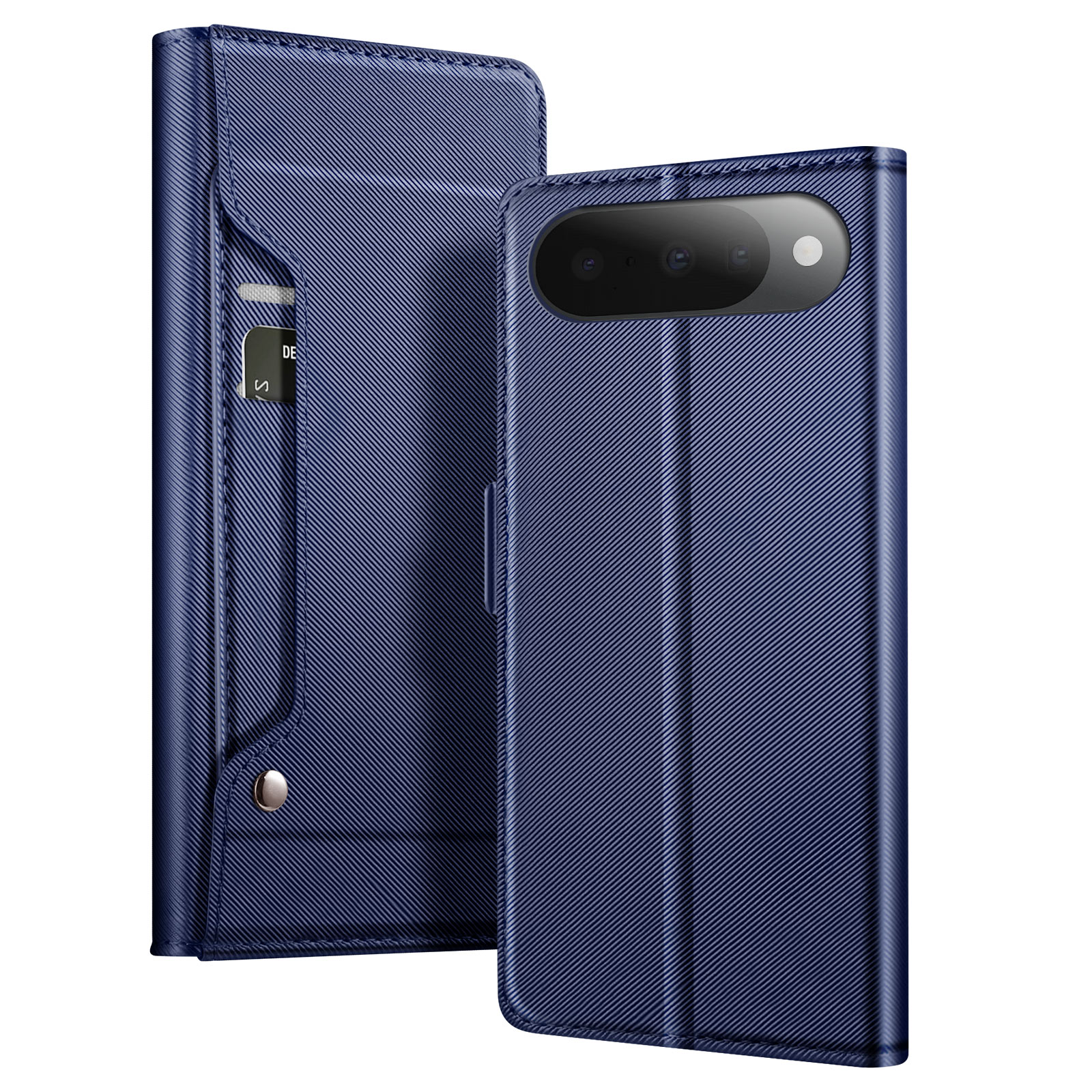 Una custodia per telefono blu scuro con uno slot per carte e una chiusura magnetica, vista chiusa e aperta.
