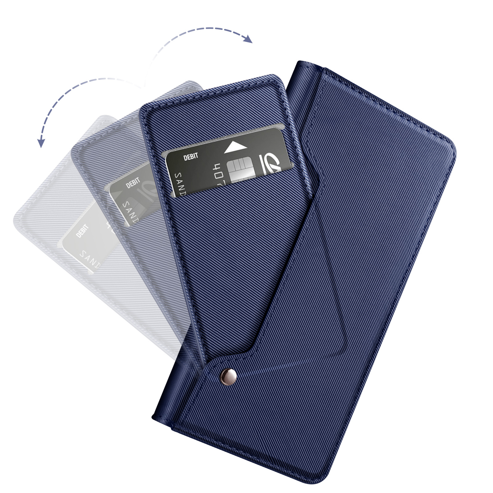 Portafoglio blu navy con carta di credito parzialmente inserita. Il portafoglio si sta aprendo. Sfondo bianco.