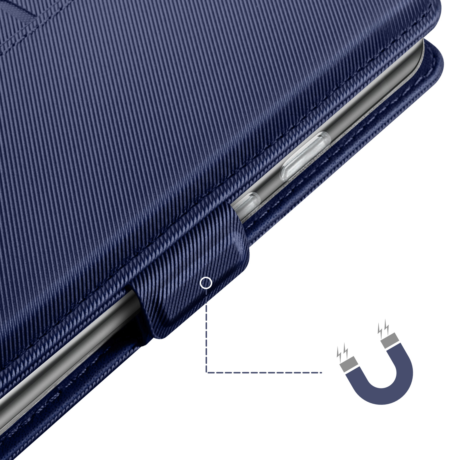 Primo piano di una custodia per telefono blu navy con chiusura magnetica. Viene mostrata un'icona a forma di magnete a U.