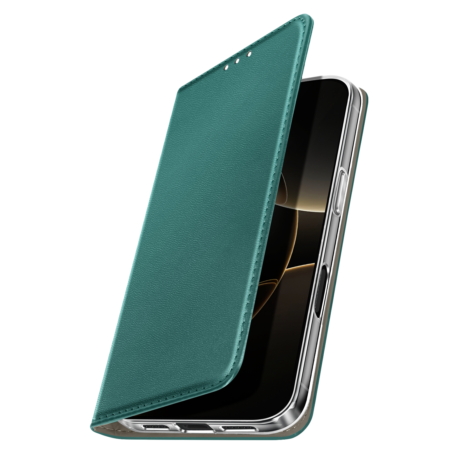 Una custodia per telefono verde acqua è aperta, rivelando un telefono. La custodia è strutturata, con una cornice metallica. Lo sfondo è bianco.