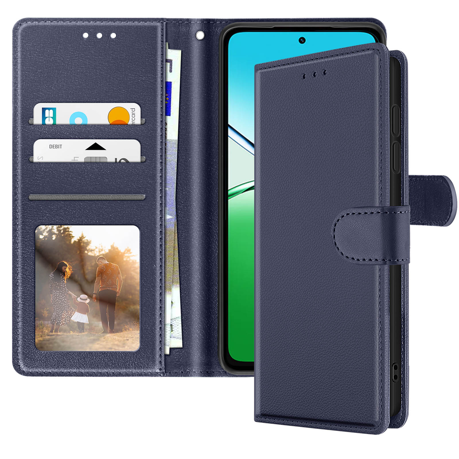 Custodia per telefono in pelle blu, aperta. Mostra carte, denaro e un telefono. Foto di famiglia all'interno.