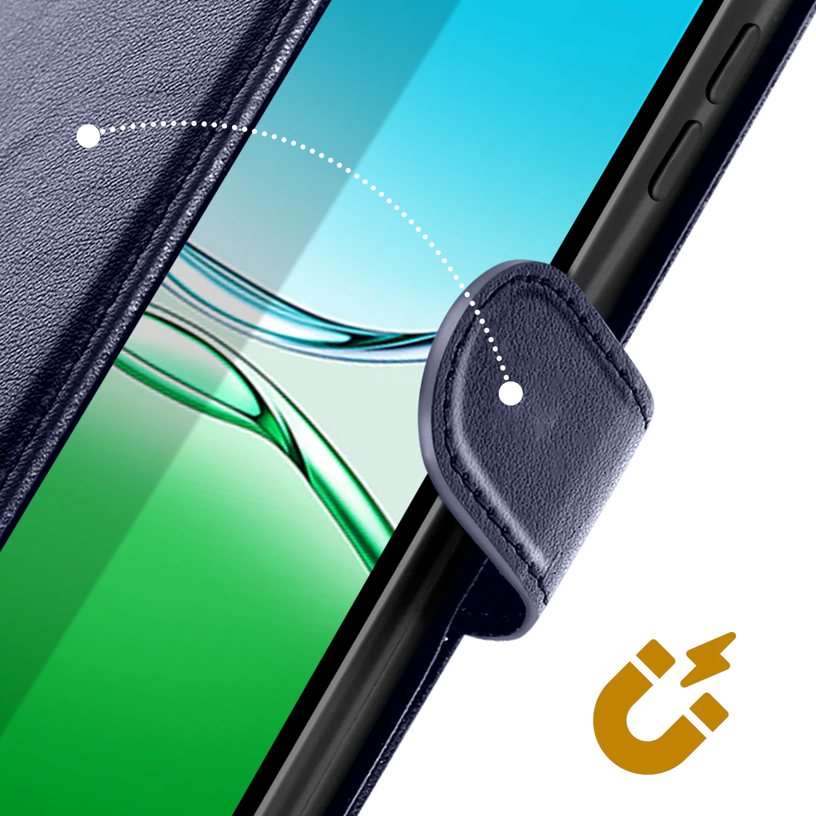 Una custodia per telefono con chiusura magnetica. La custodia è blu e lo schermo del telefono è visibile. È presente un'icona a calamita.