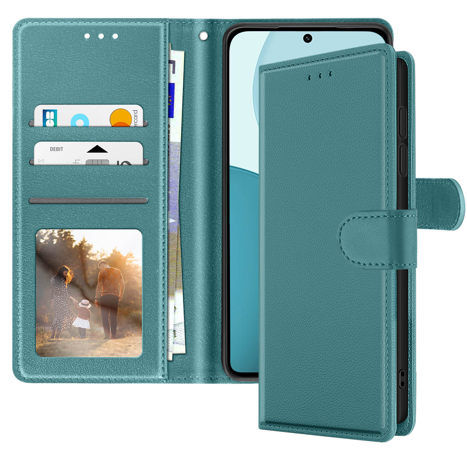 Portafoglio per custodia del telefono verde acqua, con telefono, carte e denaro. Foto di famiglia visibile.