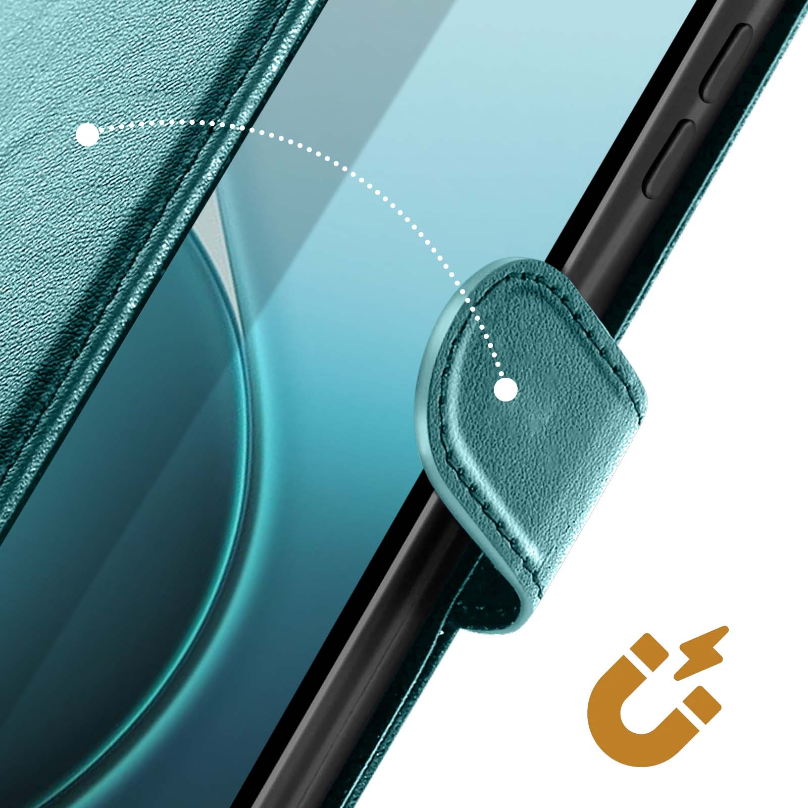Primo piano di una custodia per telefono verde acqua con chiusura magnetica, linea punteggiata e icona.