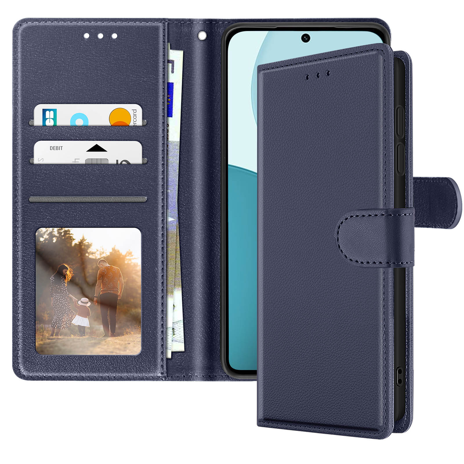 Una custodia blu per telefono, aperta per mostrare un telefono, carte, denaro e una foto di famiglia. La custodia è chiusa con un fermaglio magnetico.