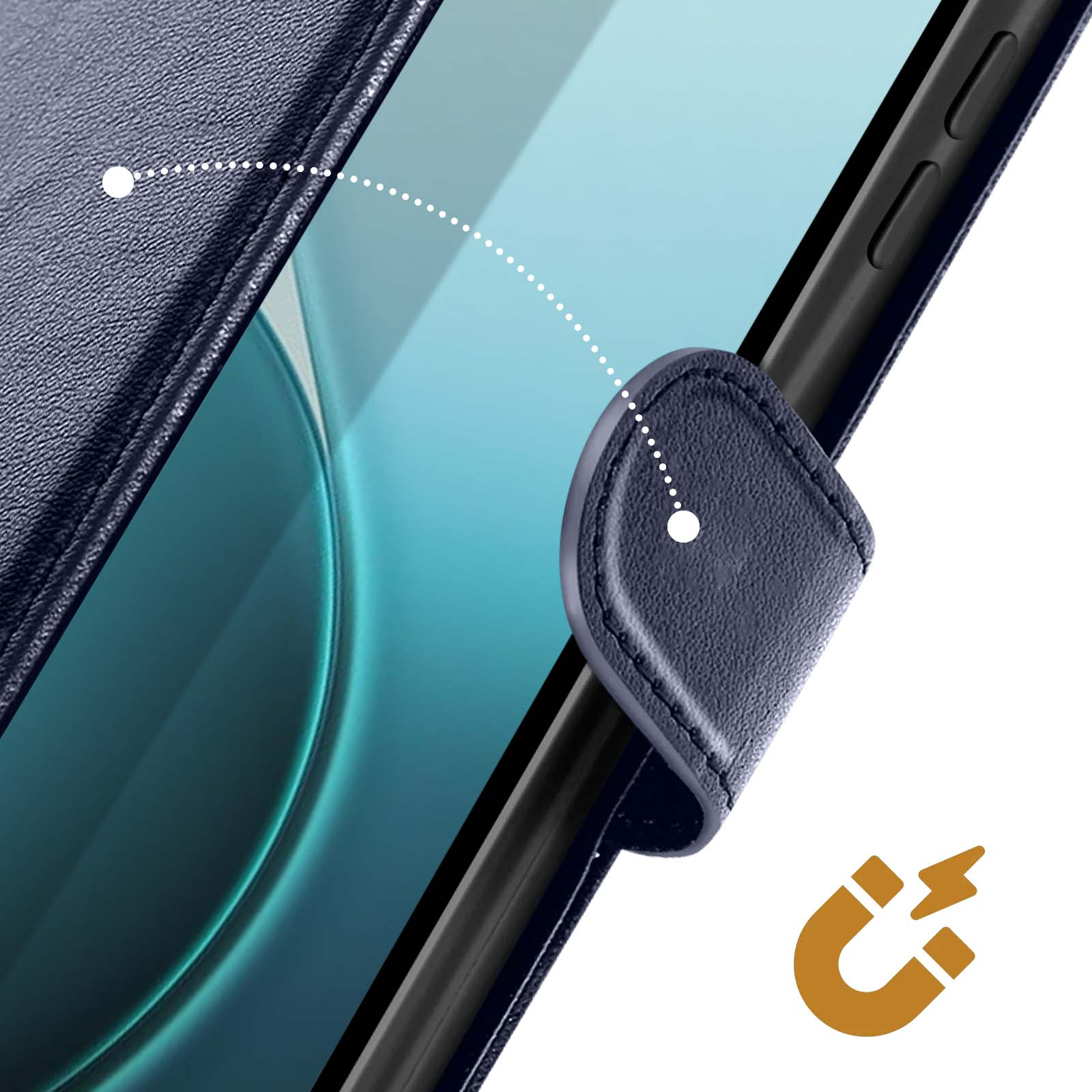 Primo piano di una custodia blu per telefono con chiusura magnetica. Linea tratteggiata indica l'attrazione magnetica. Icona calamita.