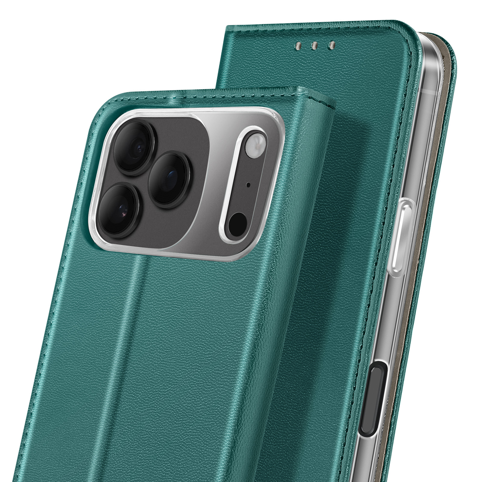 Primo piano di una custodia verde per telefono. Lenti della fotocamera visibili. La custodia è aperta, mostra il lato del telefono con i pulsanti.