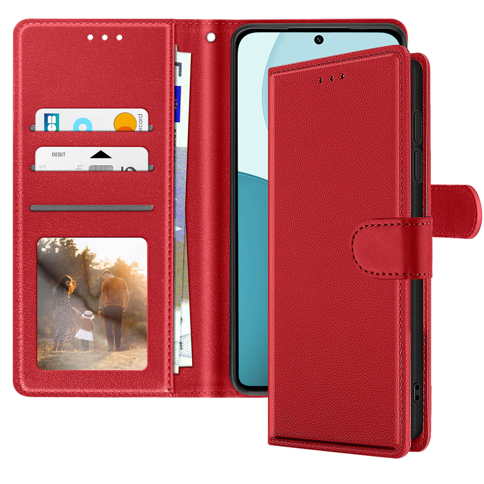 Rotes Handy-Wallet offen, mit Telefon, Karten und Geld sichtbar. Enthält ein Familienfoto auf der linken Seite.