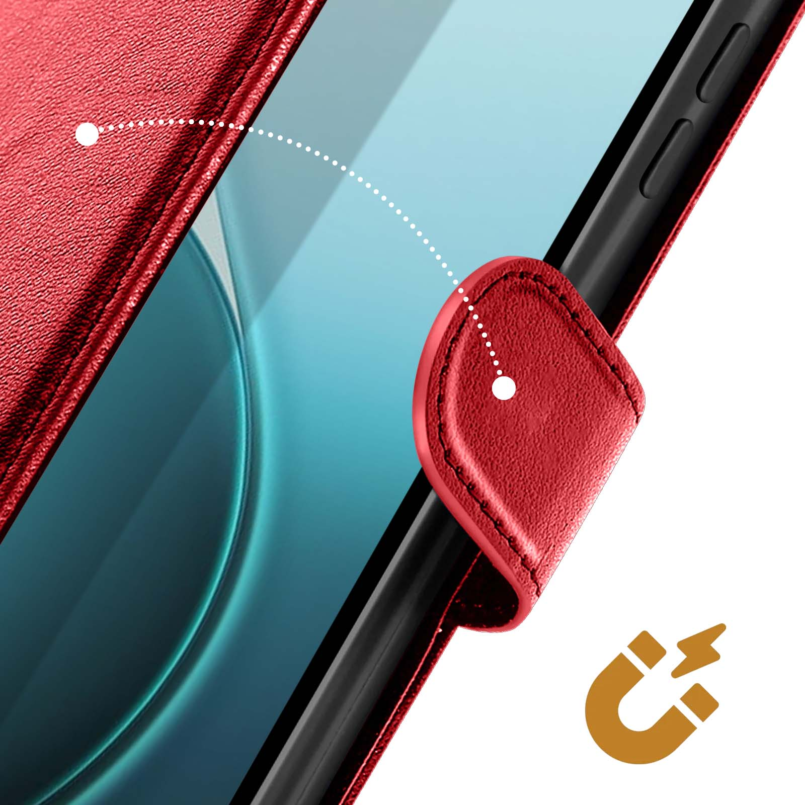 Rote Handyhülle mit Magnetverschluss, zeigt einen Telefonbildschirm. Ein Magnet-Symbol ist in der Ecke, mit einer gepunkteten Linie.
