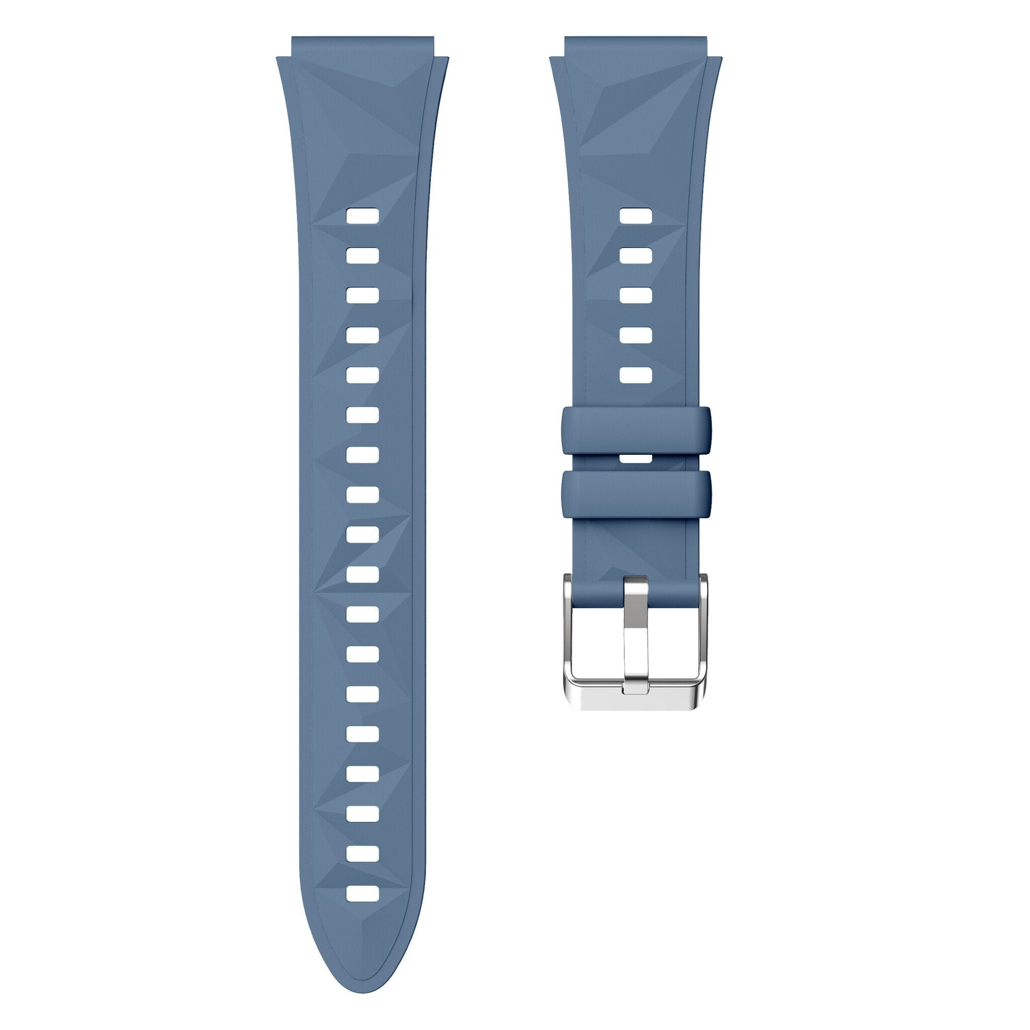 Zwei blaue Uhrenarmbänder mit geometrischen Mustern und Löchern, eines mit Schnalle.