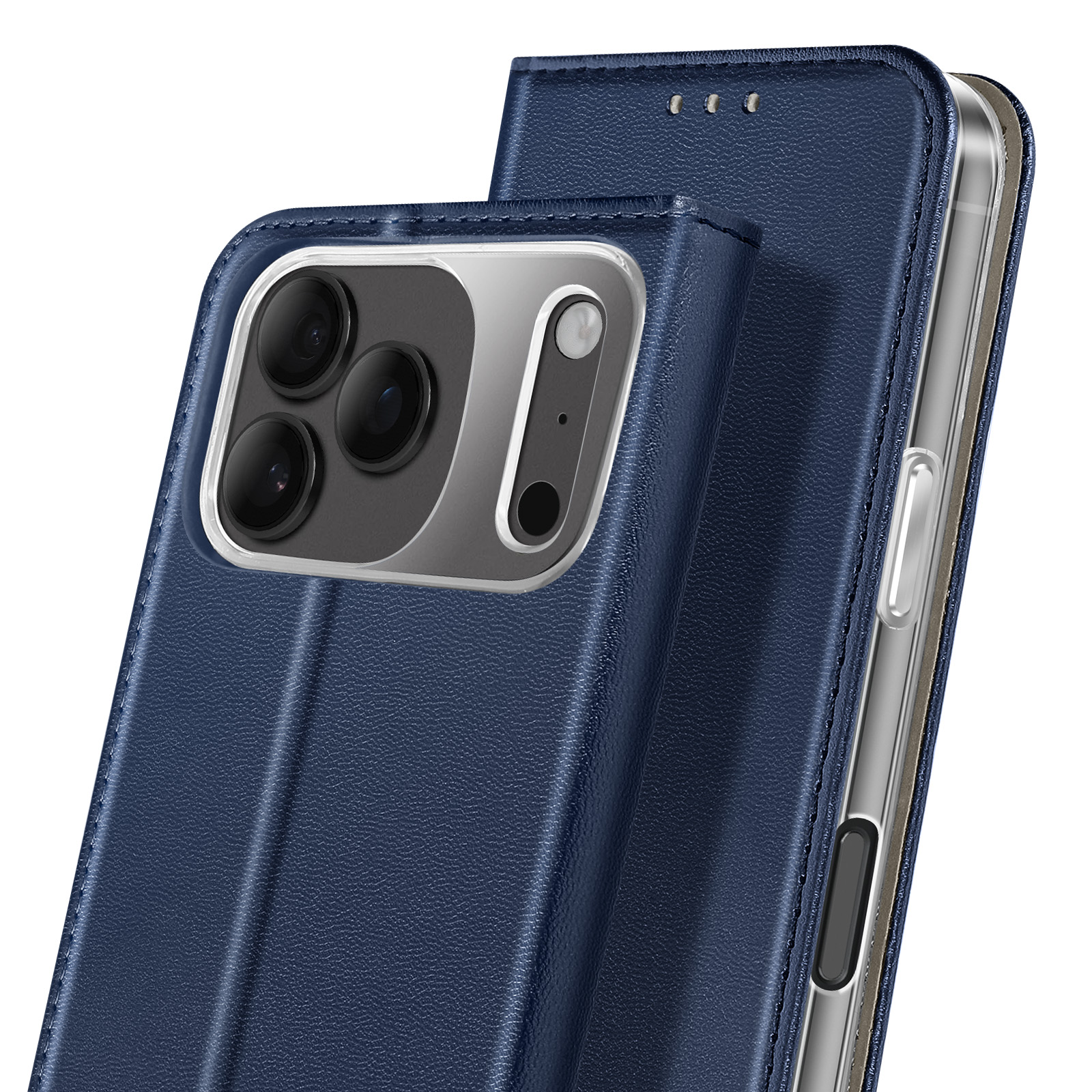 Een blauwe leren telefoonhoes met camera-uitsparingen en een zichtbare doorzichtige telefoonrand. De hoes is open.