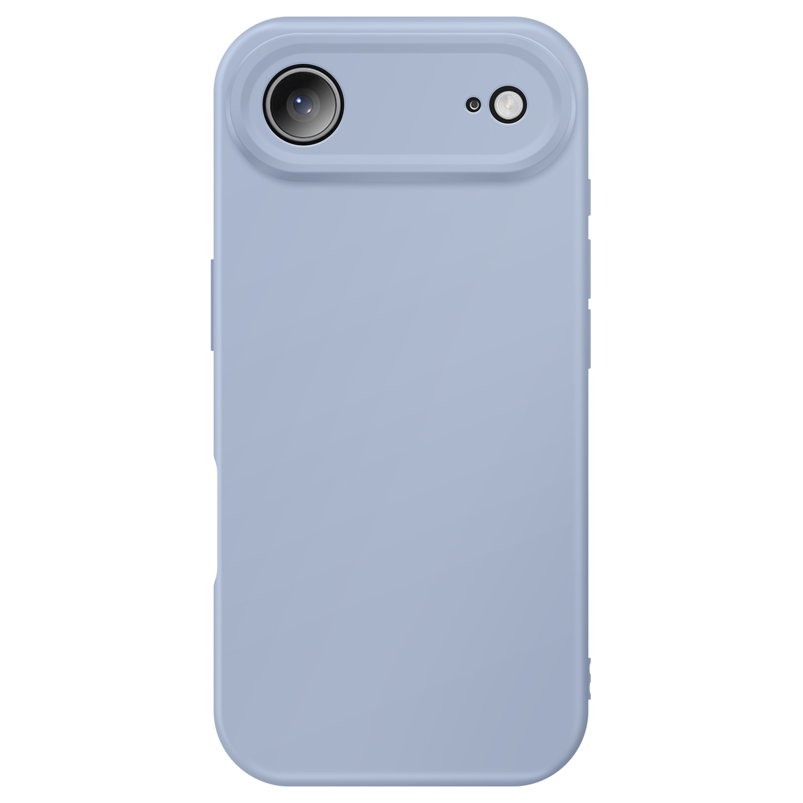 Una custodia per telefono azzurra con fotocamera e flash. La custodia è rettangolare con angoli arrotondati.