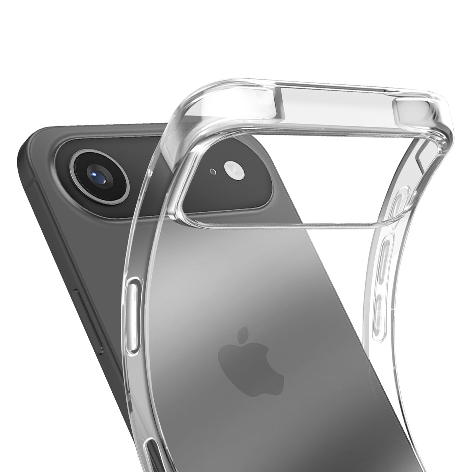 Una custodia trasparente copre un telefono grigio. Il telefono ha una fotocamera e un logo Apple. La custodia è curva.