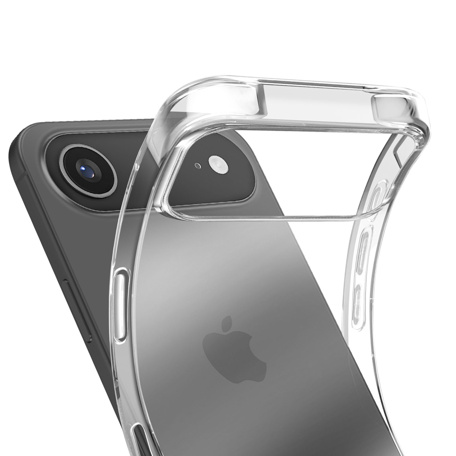 Una custodia trasparente per telefono sopra un telefono nero. Il telefono ha una fotocamera e un logo Apple. La custodia è trasparente.