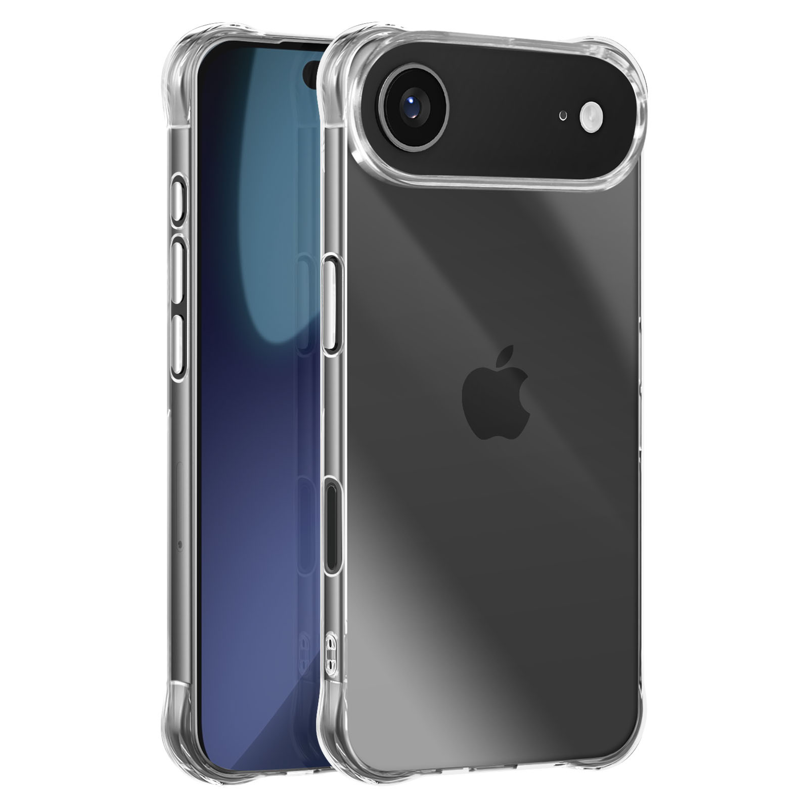Due smartphone in custodie protettive trasparenti. Uno mostra uno schermo blu. L'altro ha un logo Apple.