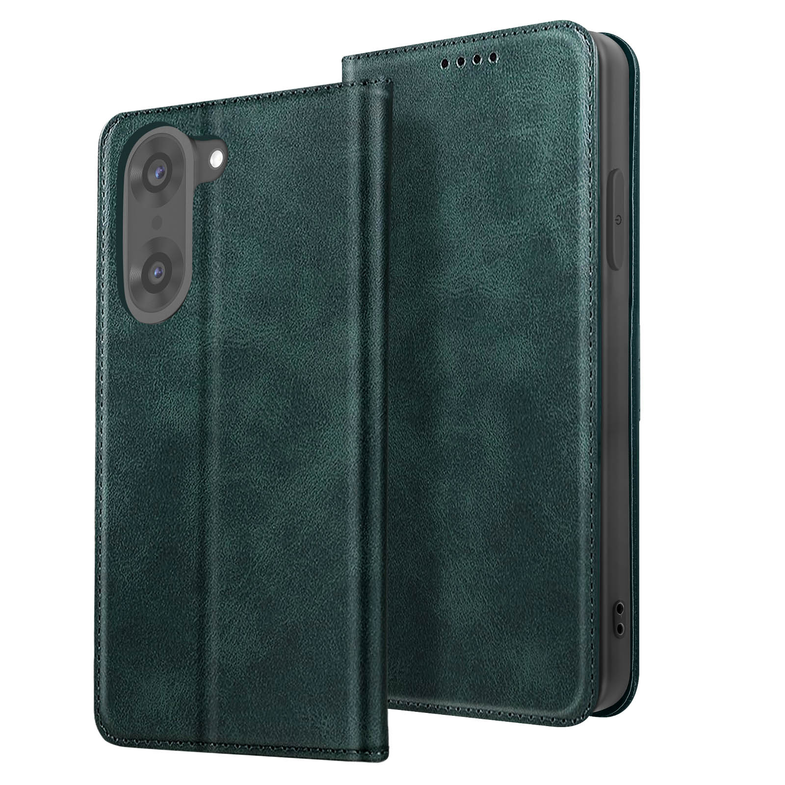 Una custodia per telefono verde scuro, aperta, che mostra un telefono. Le lenti della fotocamera sono visibili. La custodia ha un aspetto pelle.