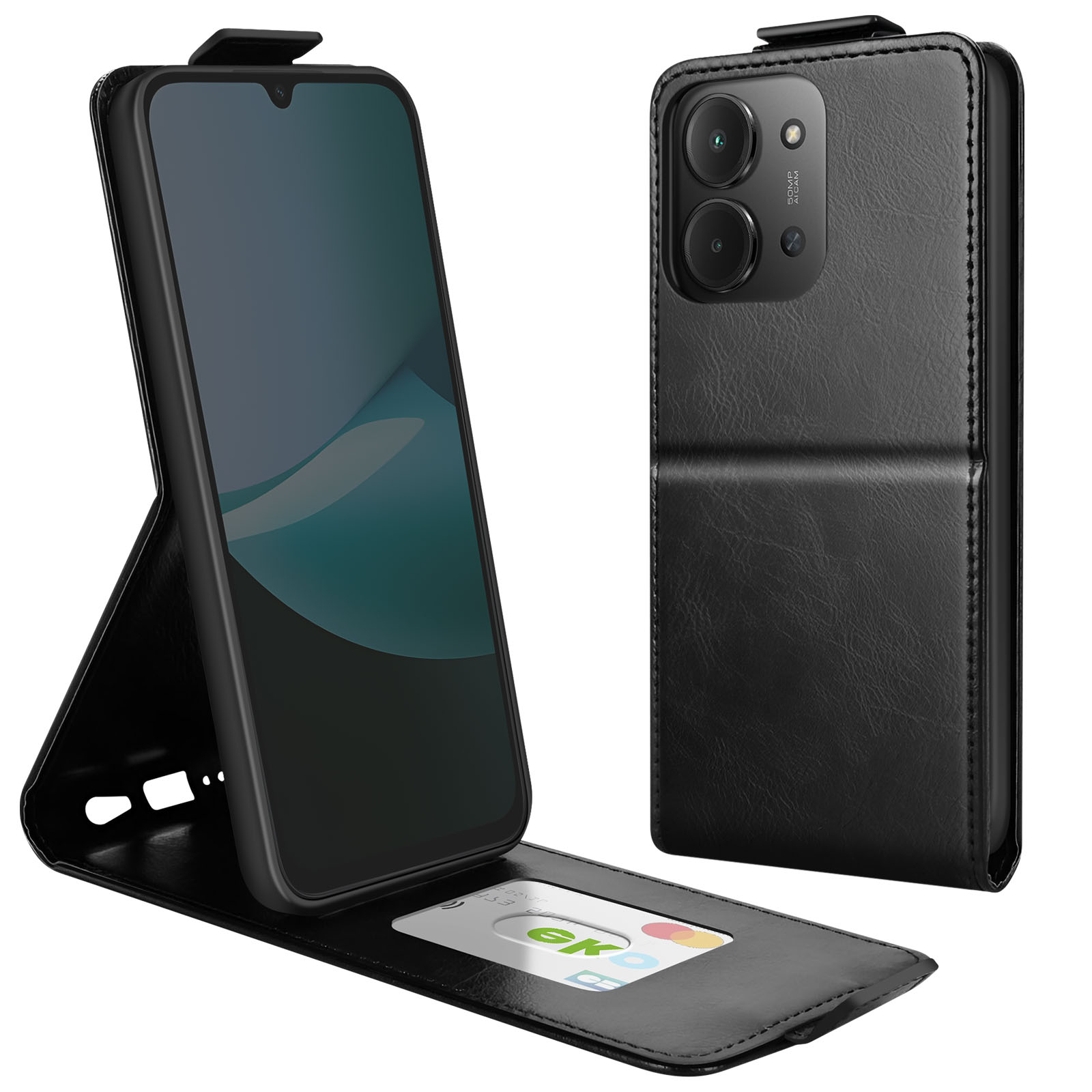 Custodia nera per telefono aperta, che mostra lo schermo del telefono e una carta di credito. Custodia chiusa a destra, doppia fotocamera.