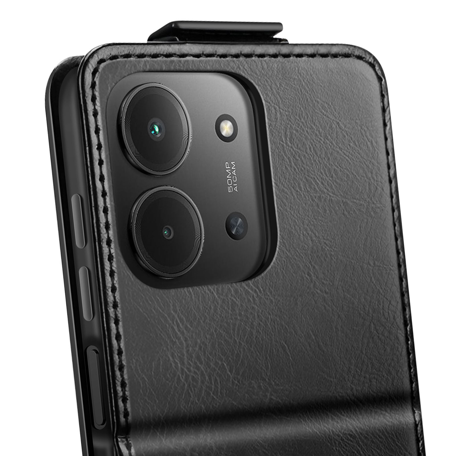 Primo piano di una custodia nera per telefono con obiettivo della fotocamera. La custodia è in pelle strutturata e l'obiettivo ha un'etichetta 50MP AI CAM.