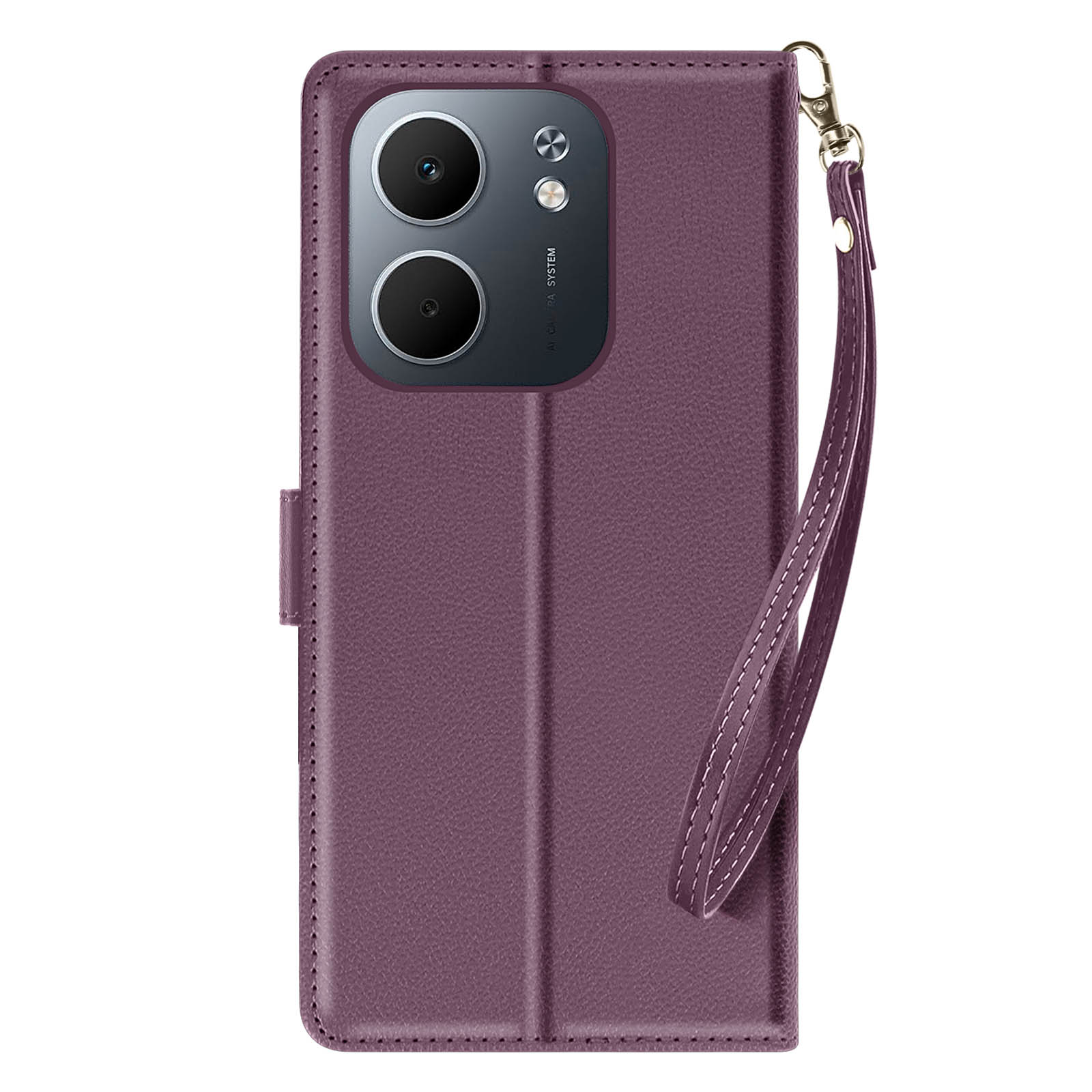 Una custodia per telefono viola con ritaglio per fotocamera, due lenti e cinturino.
