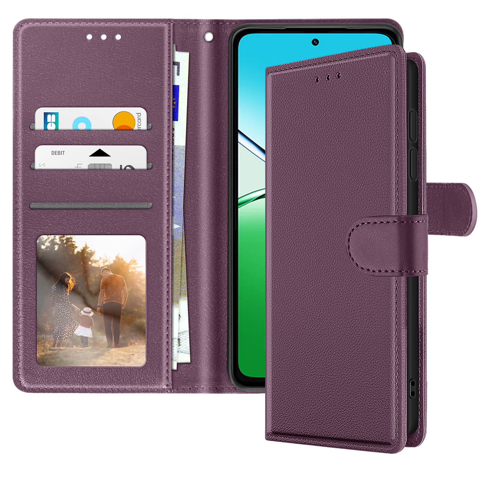 Una custodia viola per telefono con telefono, carte e contanti all'interno. È visibile una foto di famiglia.