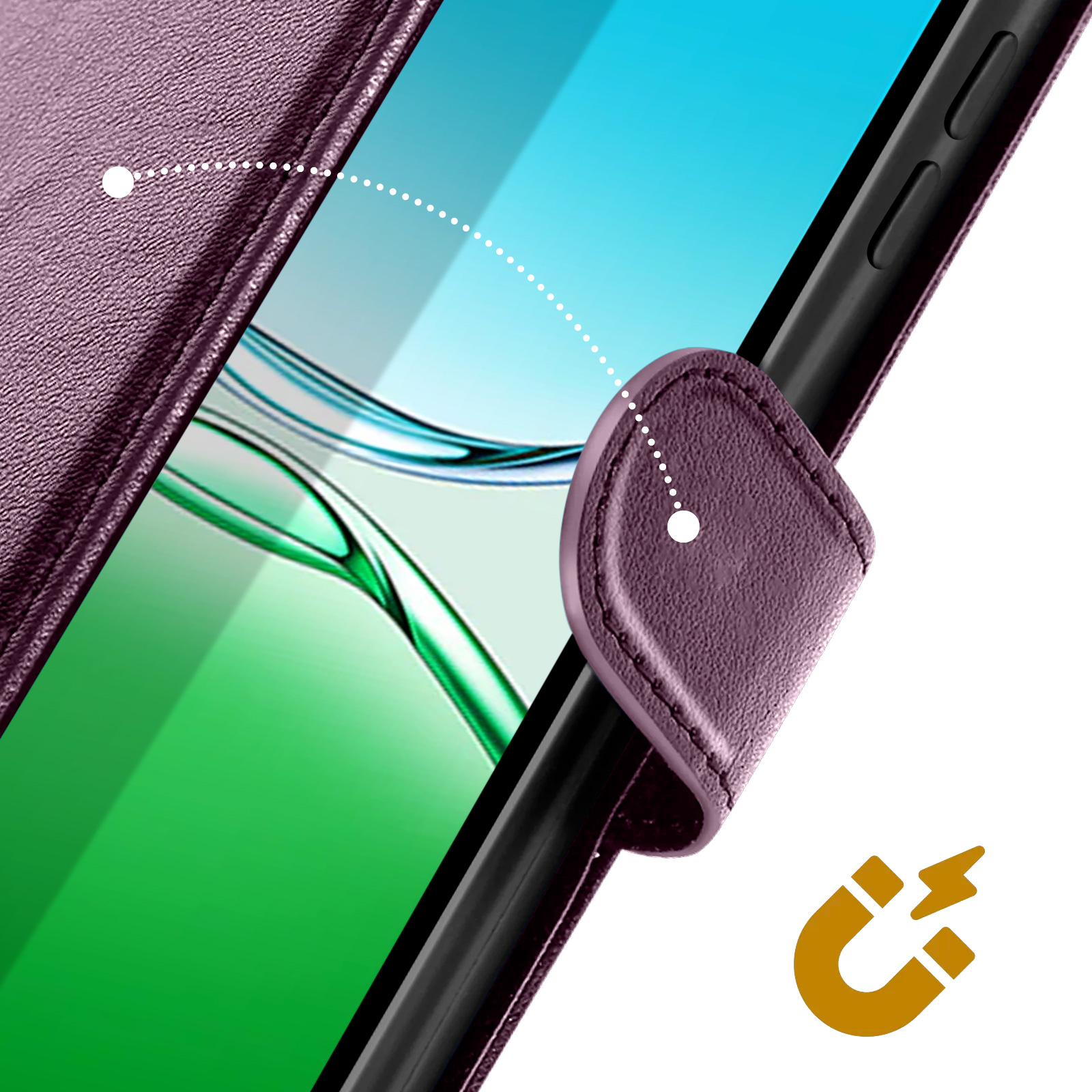 Custodia per telefono viola con chiusura magnetica. È visibile lo schermo di un telefono. Icona magnete gialla nell'angolo.