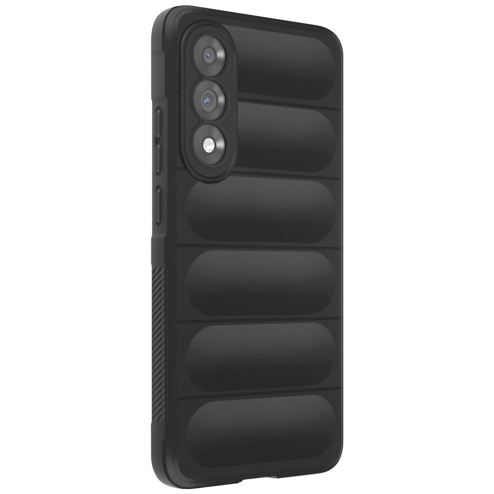 Una custodia nera per telefono con design strutturato, tre lenti e sezioni orizzontali imbottite.