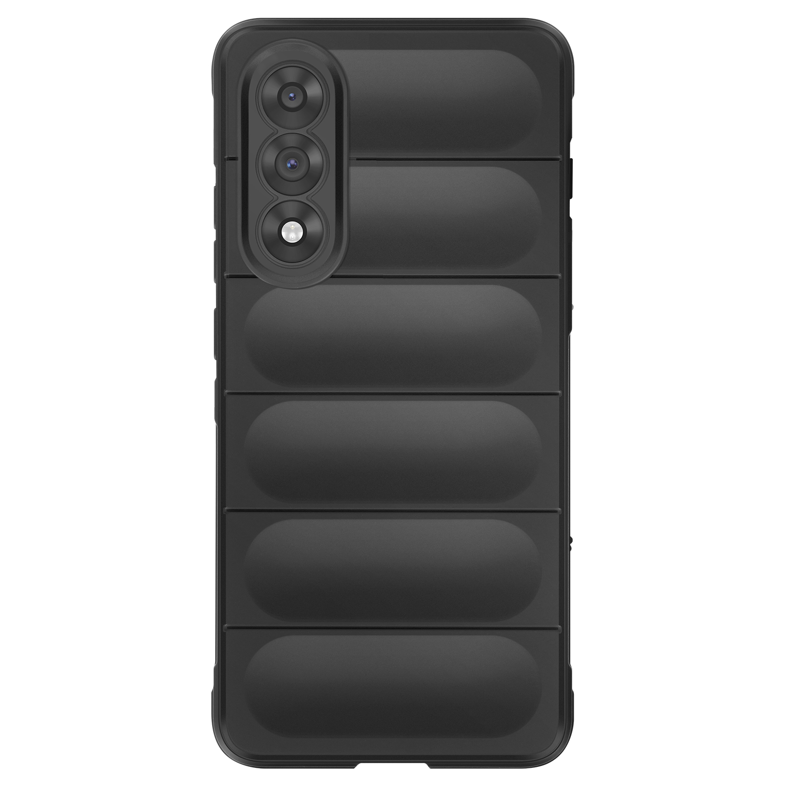 Custodia nera per telefono con gruppo fotocamere e design imbottito orizzontale. La custodia ha una superficie strutturata.