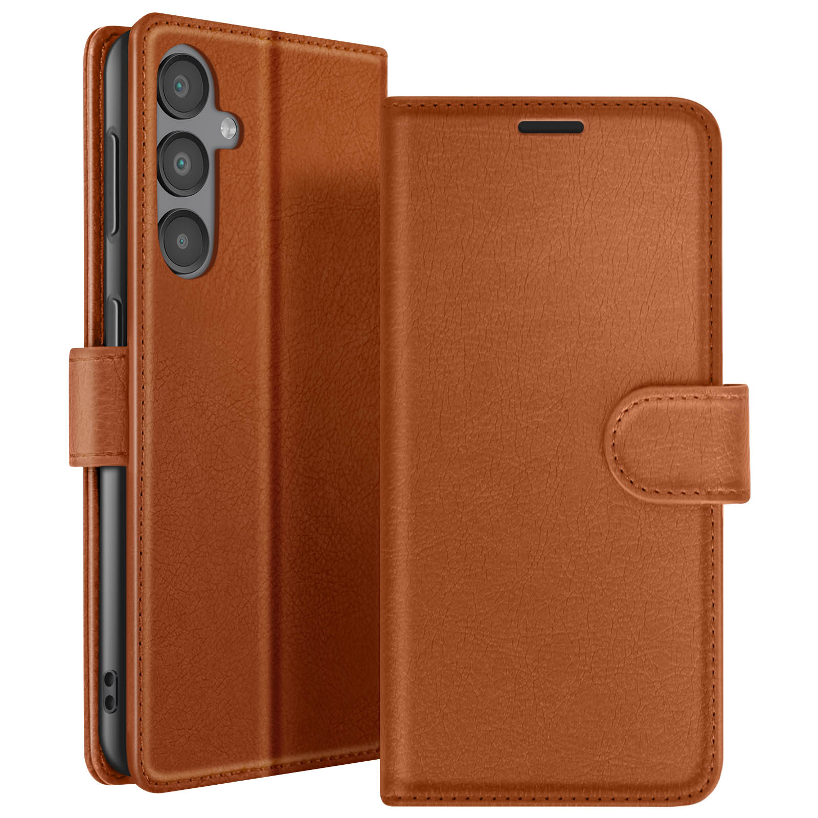 Een bruine leren telefoonhoes, open om de telefoon te laten zien. Het heeft een magnetische sluiting.