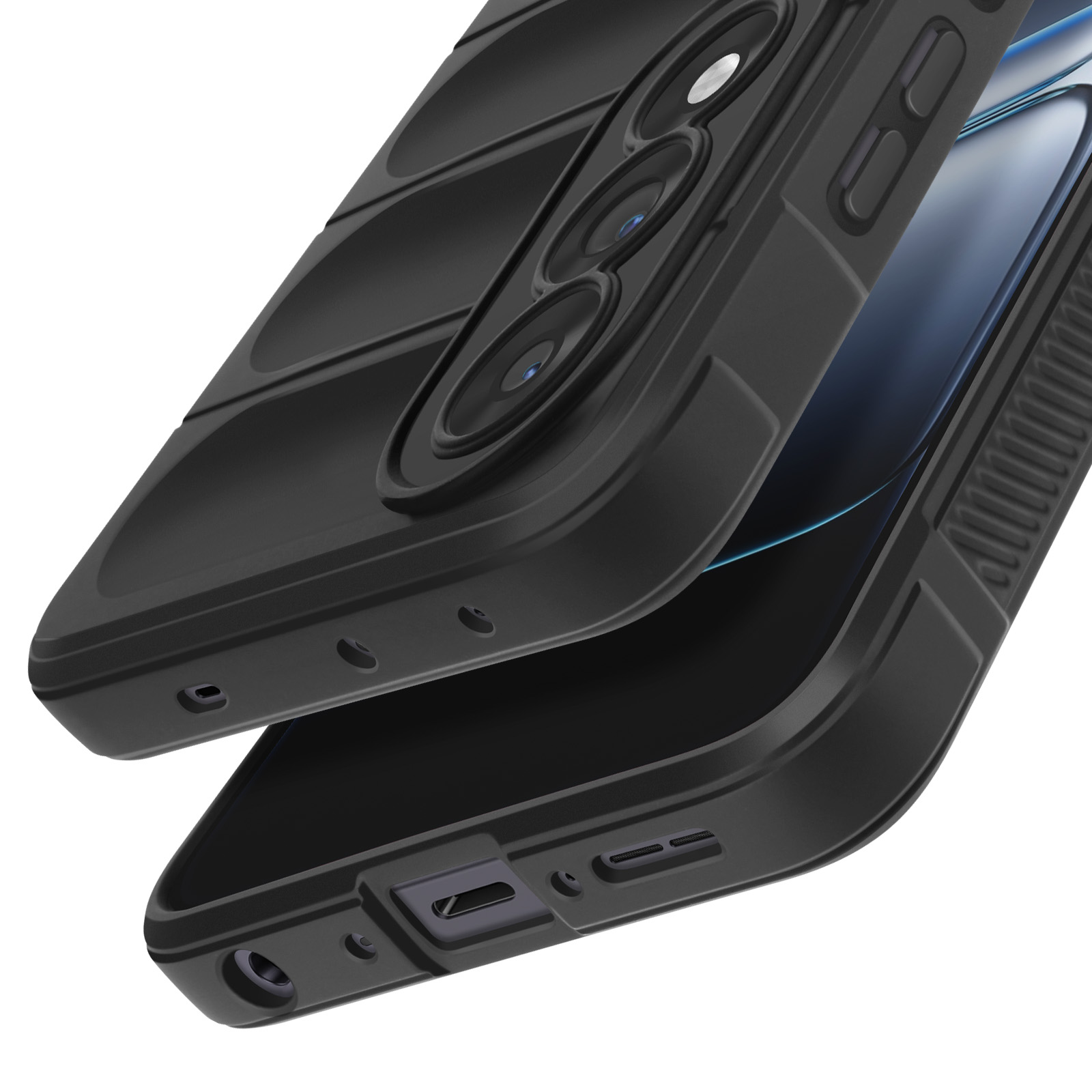 Una custodia nera per telefono, che mostra la fotocamera e le porte. La custodia è parzialmente aperta, rivelando lo schermo. Lo sfondo è bianco.