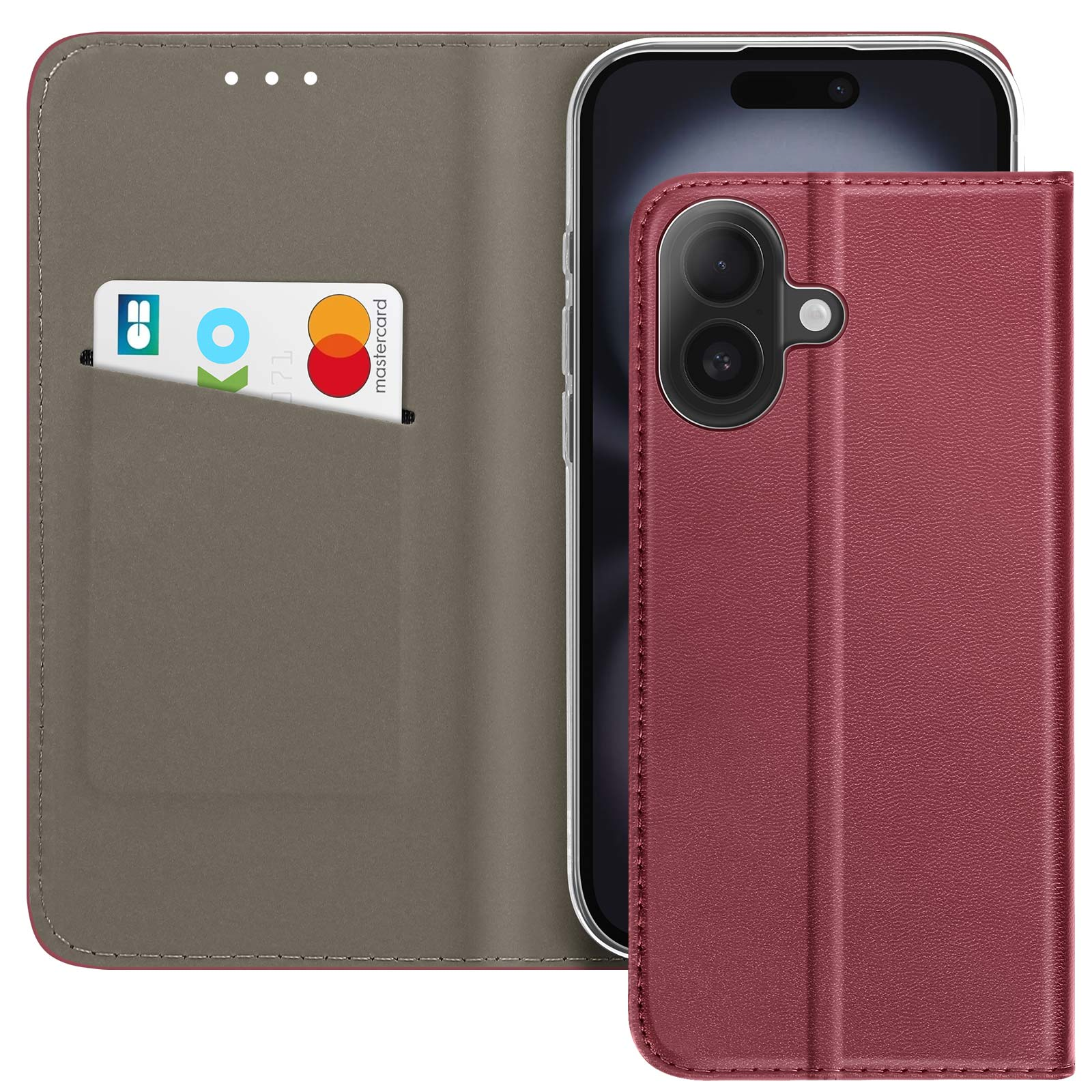 Een rode telefoonhoes met een telefoon erin, een Mastercard en een kaart met een zichtbaar logo.