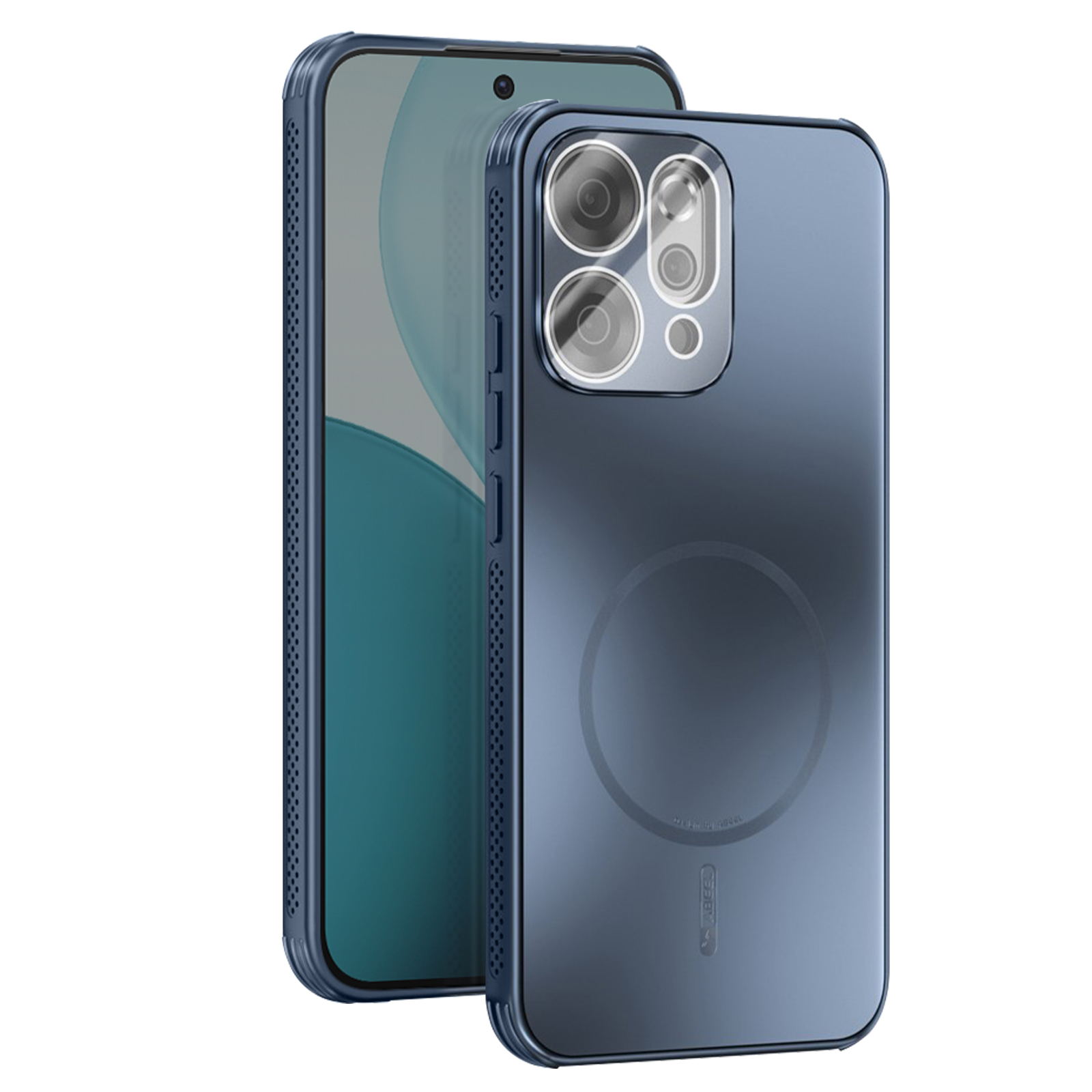 Custodia blu per telefono su sfondo bianco. La custodia è su un telefono. La custodia protegge la parte posteriore e i lati del telefono.