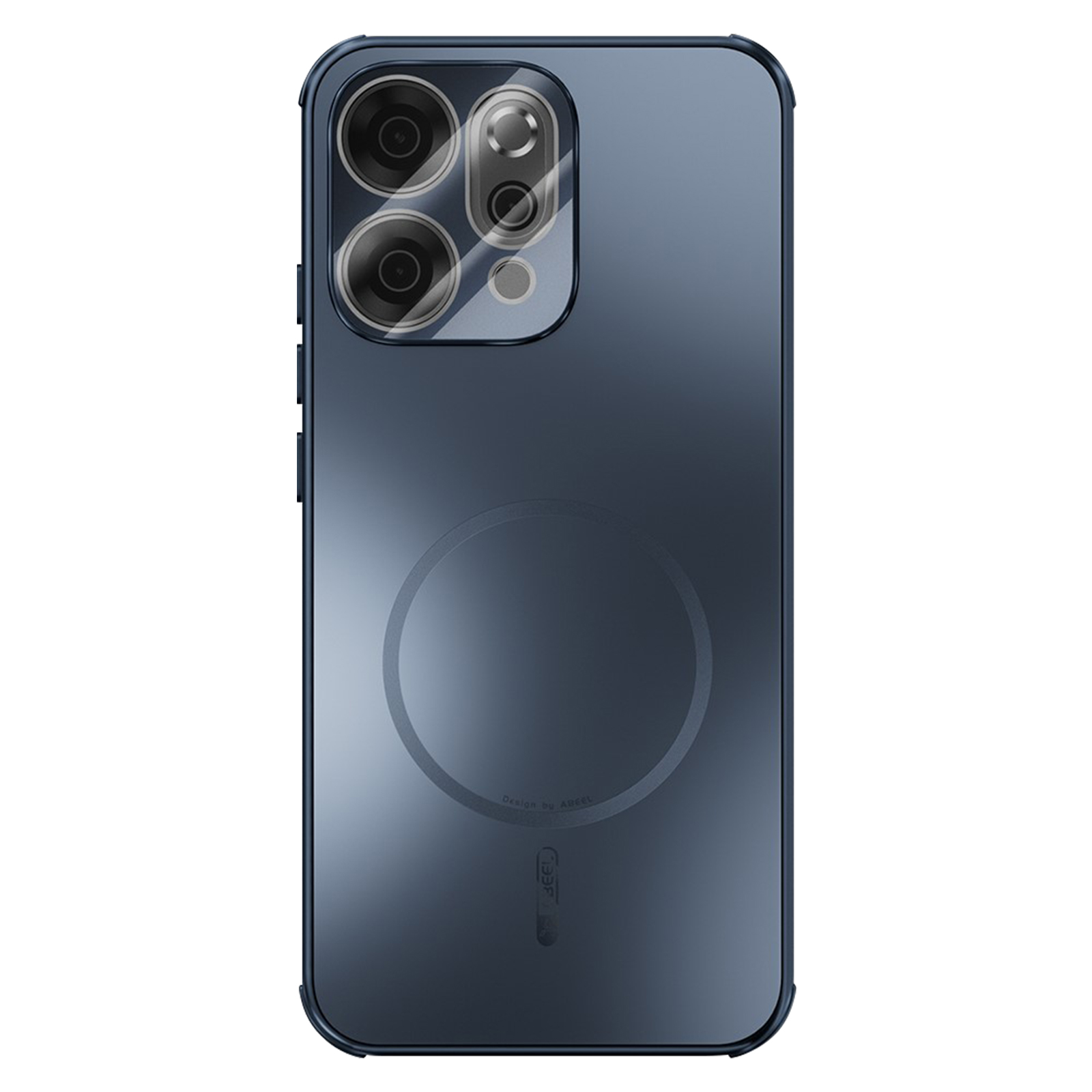 Una custodia per telefono blu scuro. Ha una protezione trasparente per la fotocamera e un cerchio sul retro.