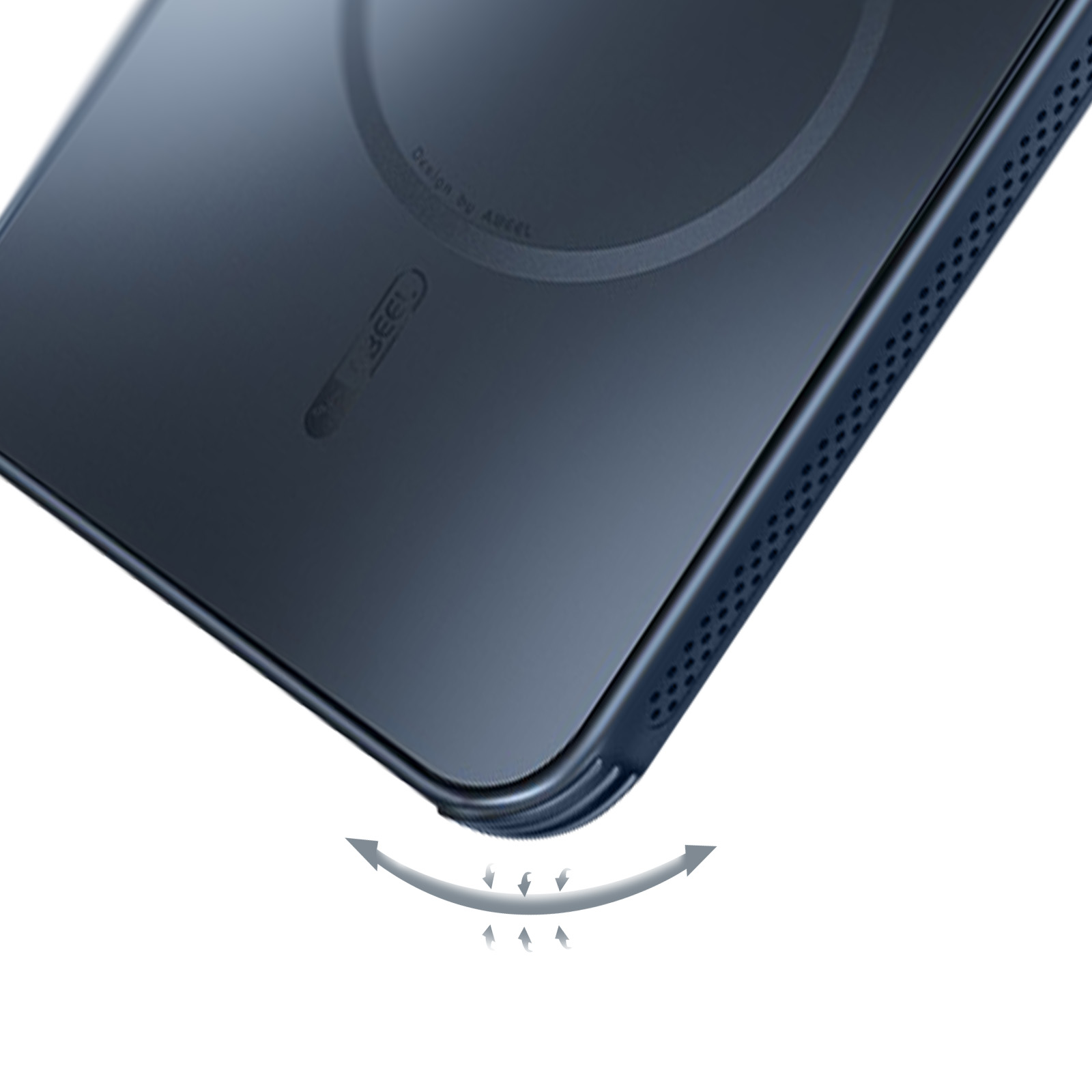 Custodia per telefono blu scuro con design ad anello e testo 'Design by ABBEL' e '360° Feel'. Un arco di freccia punta verso la custodia.