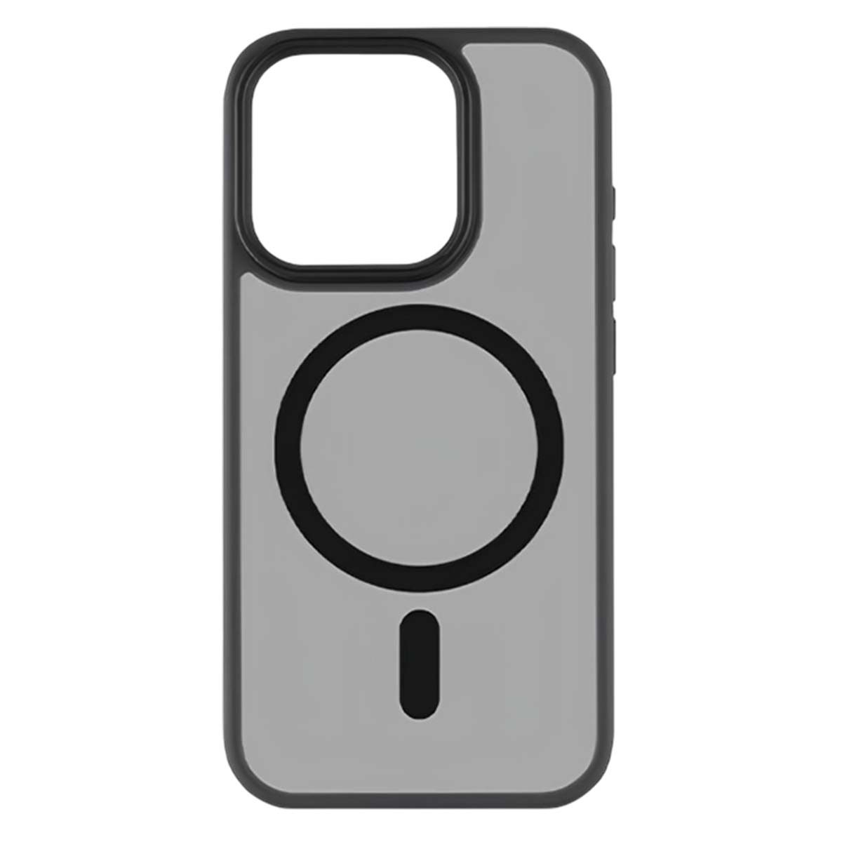 Una custodia grigia per telefono con bordi neri, un ritaglio per la fotocamera, un cerchio e un piccolo rettangolo. La custodia è semplice.