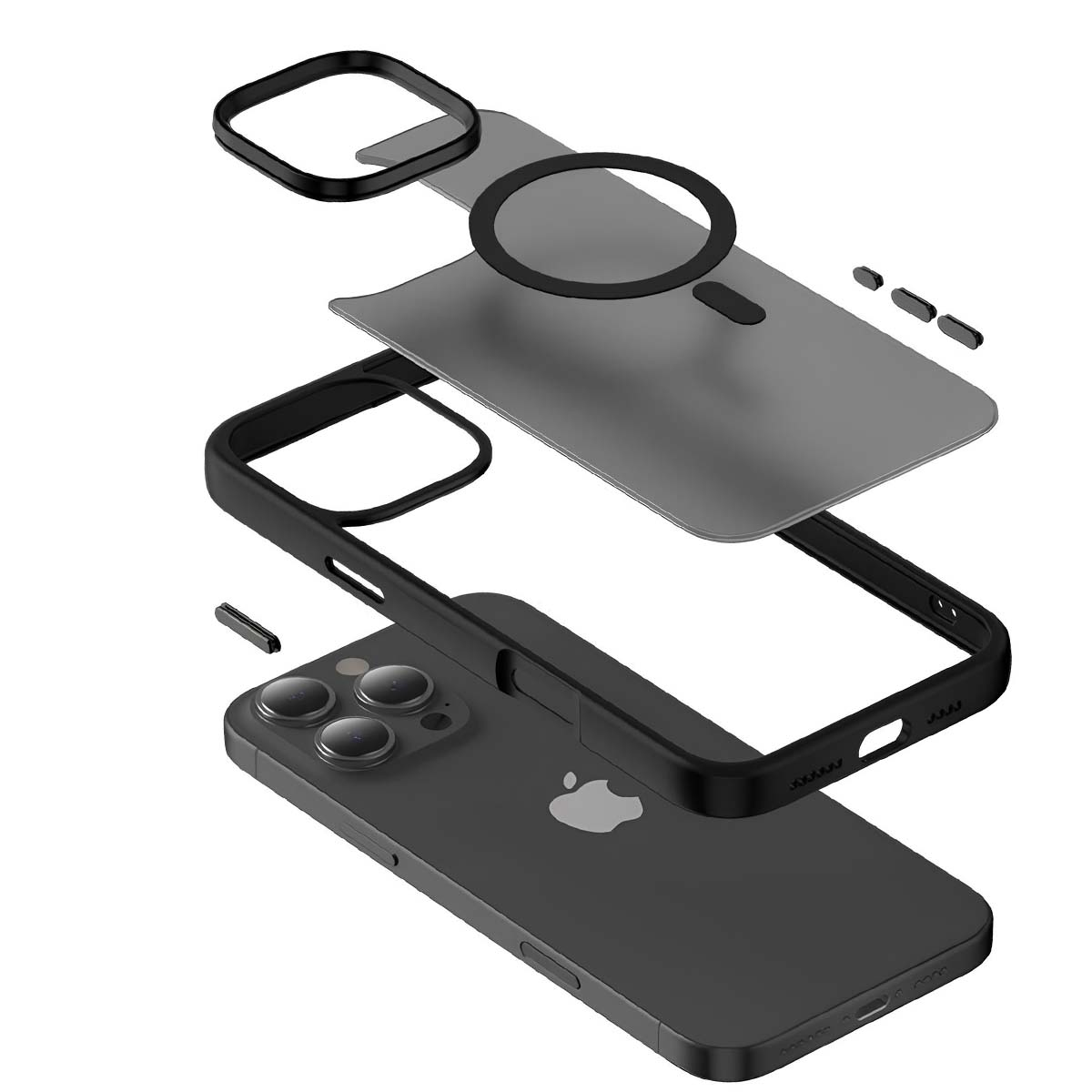 Vista esplosa di una custodia per telefono nera. Componenti: telefono, telaio, cover posteriore e anello fotocamera, tutto in nero.