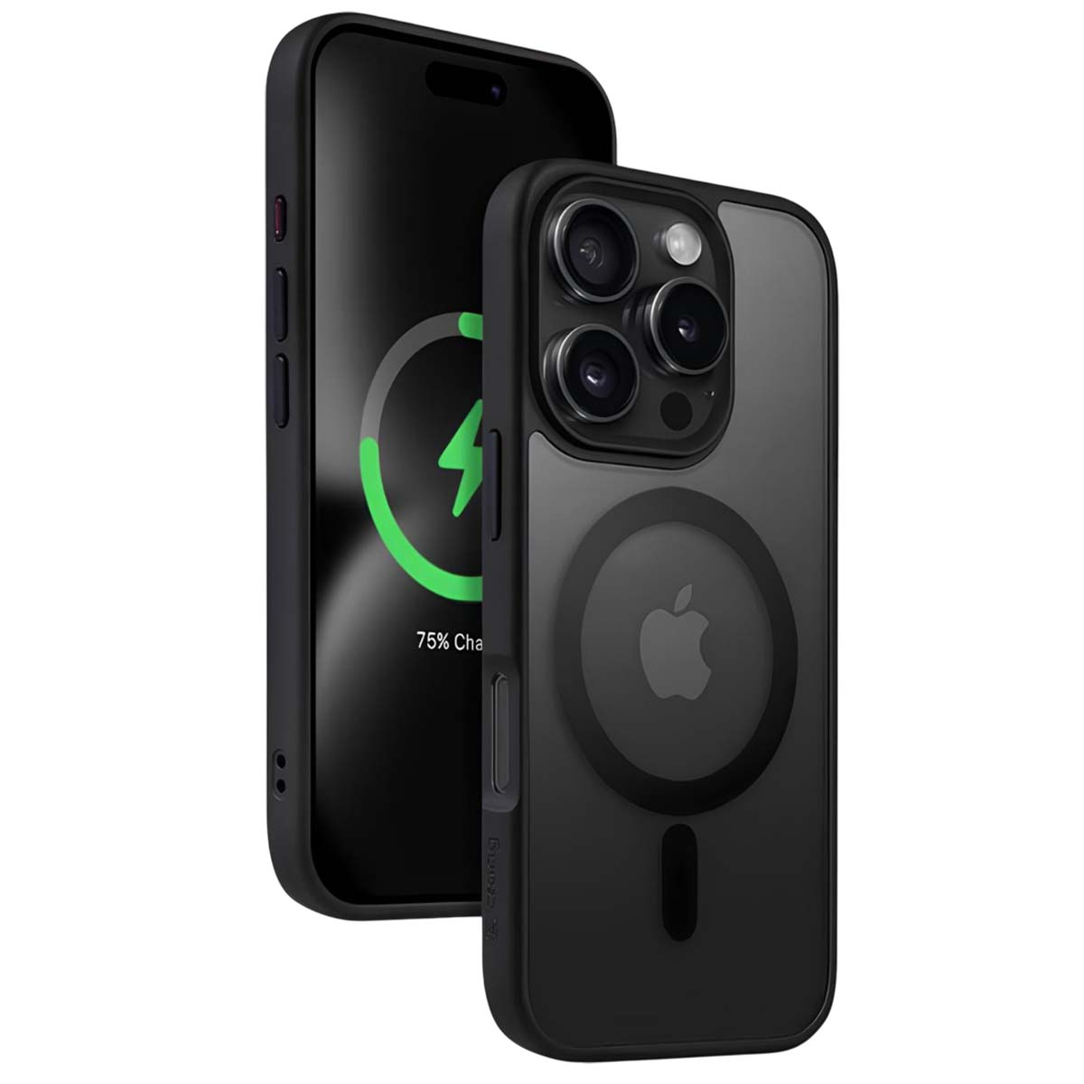 Due iPhone neri, uno in carica, esposti con una custodia protettiva. Il telefono in carica mostra un'icona della batteria verde al 75%.