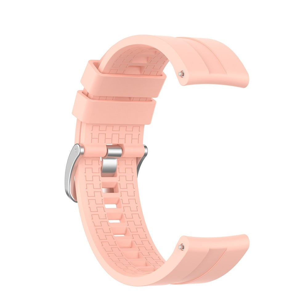 Ein hellpfirsichfarbenes Uhrenarmband. Es ist gebogen mit einem strukturierten Muster. Auf der linken Seite befindet sich eine silberne Schnalle.