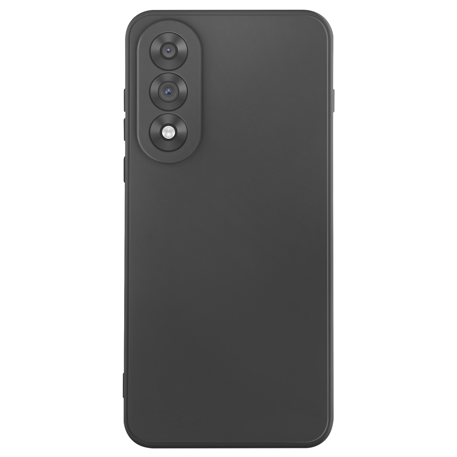 Vista posteriore di uno smartphone nero. Dispone di tre lenti della fotocamera e un flash in disposizione verticale.